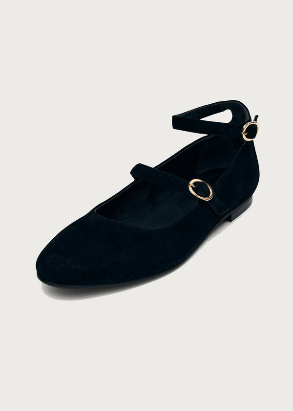 Evelyn Suede Black Leather Ballet Flats